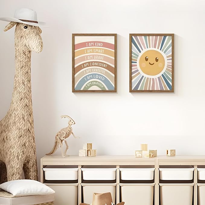 Dytila 2 Piece Framed Boho Rainbow Kids Room Wall Art, Positive Affirmations Playroom Wall Decor, Sun Smiley Face Nursery Painting Canvas Prints for Classroom Toddler Room Decor 12x16 Inch