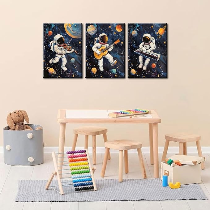 3Pcs Space Astronaut Musiic Canvas Wall Art Cute Astronaut Musician Decor Pictures Funny Piano Guitar Violin Posters Prints for Boys Room Girls Room Kids Room Nursery Decoration