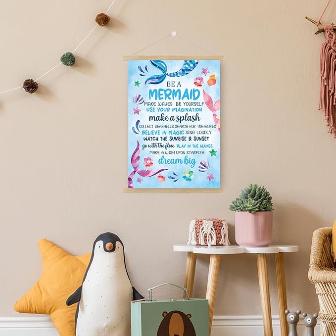 Qswo Mermaid Inspirational Wall Art,Teen Girl Wall Art Poster Hanger Frame,Motivational Hanging Canvas Wall Decor for Girls Room Dorm Nursery