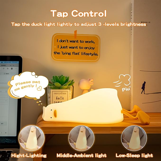Lying Flat Duck Night Light,Cute White Elephant Gifts,Existential Crisis Duck Lamp,Silicone Squishy Animal Nursery Nightlight, Dimmable/Rechargeable Bedside Touch Lamp,Xmas Gifts for Baby Adults Kids