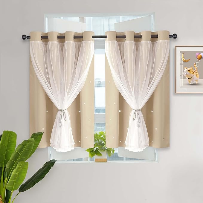 Kinryb Star Cut-Out Blackout Curtains Short Kids Curtains for Small Window Double Layer Blackout Curtains for Girls Boys Bedroom Thermal Insulated Drape for Kitchen 52" W x 36" L Beige 2 Panels