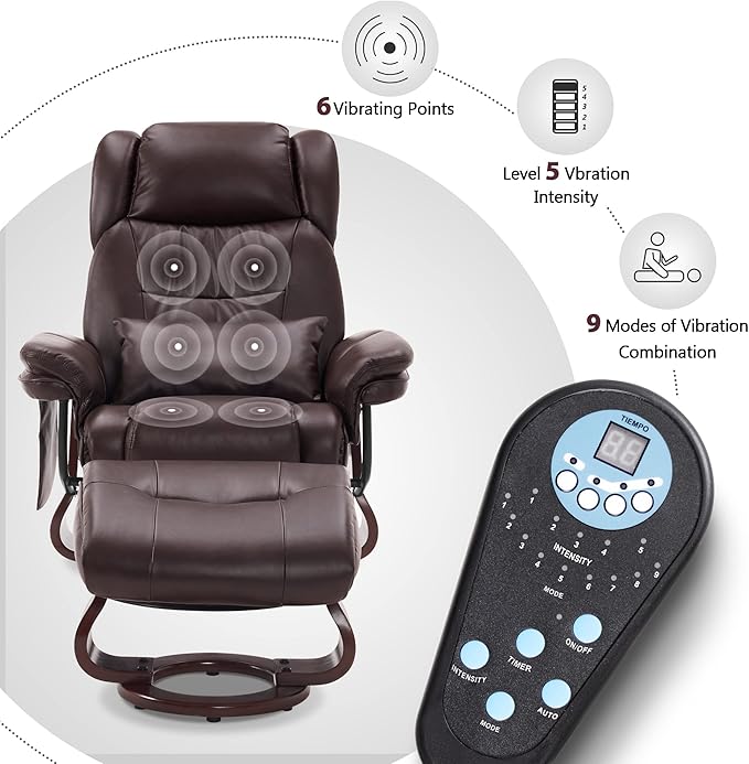 MCombo Swivel Recliner with Ottoman, Faux Leather TV Chair with Vibration Massage, Ideal for Small Space, Living Room & Bedroom 4734 (Dark Brown)