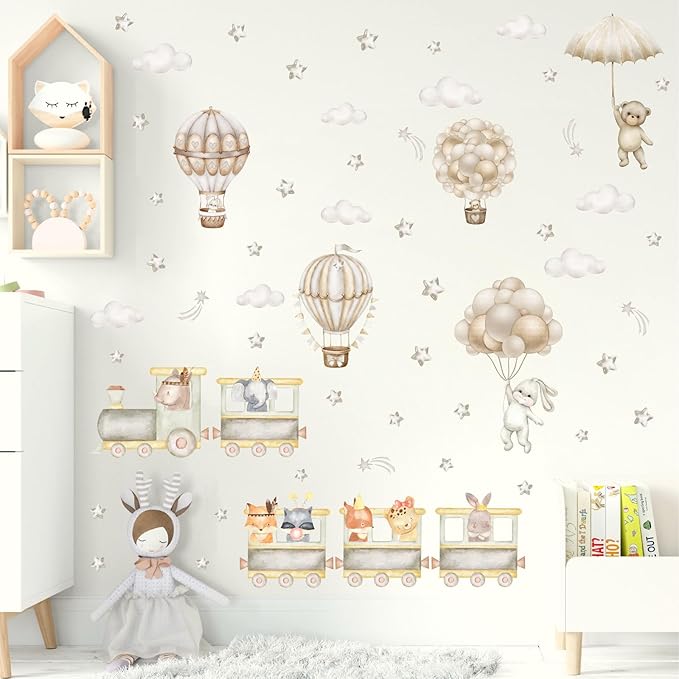Large Train Animal Wall Decals Cartoon Balloon Animal Wall Stickers Watercolor Cloud Hot Air Balloon Wall Decals Peel and Stick Cute Animal Train Wall Stickers for Kid Room Baby Nursery Decor