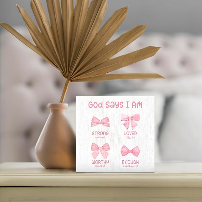 Preppy Coquette Bow Christian Wood Box Sign - Bible Verse Desk Shelf Decor, Coquette Room Decor, Pink Inspirational Christian Wooden Block Plaque Box Sign for Girl Room Nursery Dorm Decorations