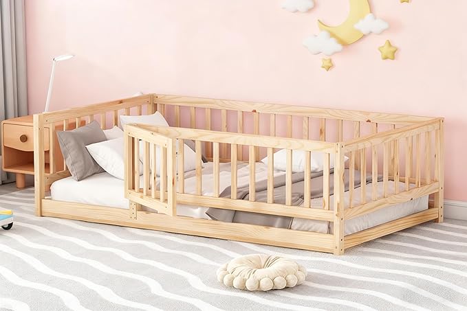 Twin Size Montessori Floor Bed with Rails & Door - 77" x 41.5"x 21.5" Wooden Low Profile Toddler Bed Frame, Natural Oak Finish