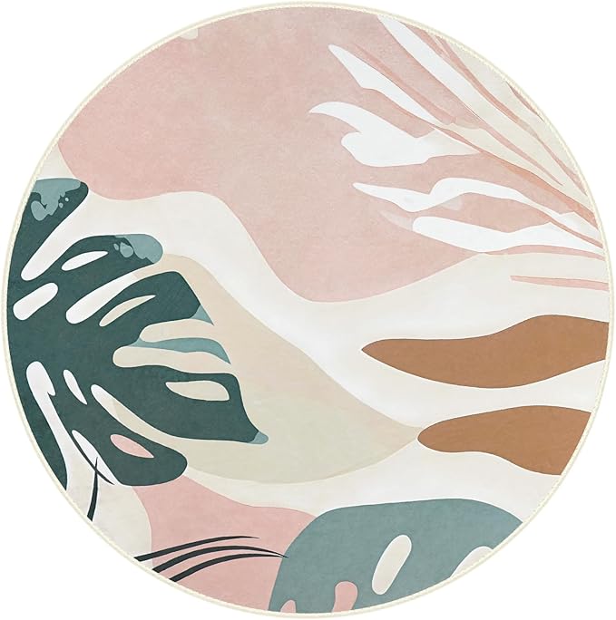 4' Machine Washable Round Area Rug, Non-Slip Abstract Boho Circle Floor Rugs for Kids, Low Pile Room Carpet for Living Room, Bedroom, Dining Room & Nursery(4' Pink Green)