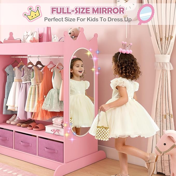 COSVALVE Kids Dress Up Storage with Mirror and Drawers, Kid Armoire Dresser, Pretend Storage Closet for Kids, Costume Wardrobe with Top Shelf for Playroom Bedroom, Lovely Pink
