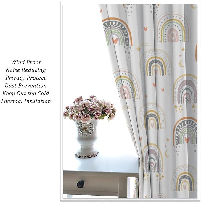 Kids Rainbow Curtains Boho Cartoon Colorful Stars Love Heart Lovely Abstract Art Pattern Print Window Drapes for Girl Bedroom Living Room Kitchen Decor,2 Panel Set,55Wx63H Inch Blackout