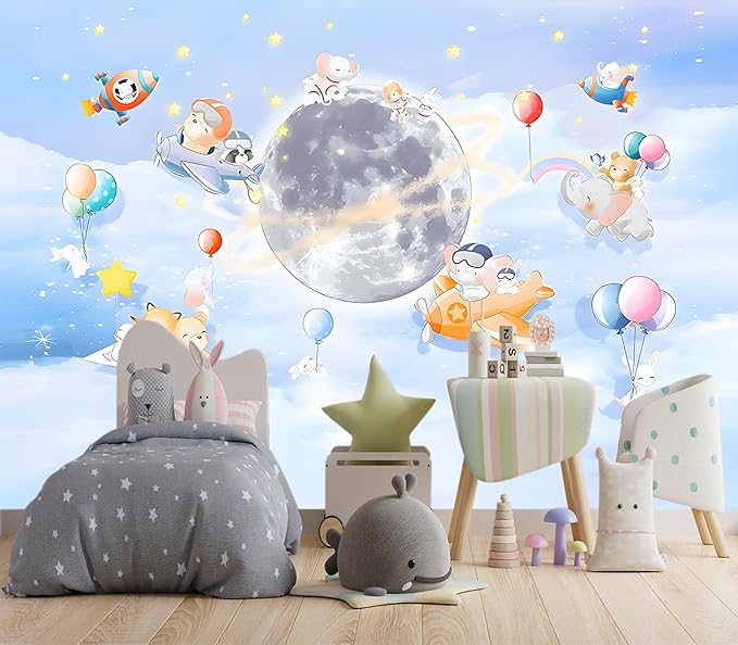 XMPMBM-Cartoon Animals Nursery Room backsplash Large Decorative Wallpaper Clouds The Moon Bedroom Bathroom Wall Mural- W 132" X H 92"（93 Square Foot）