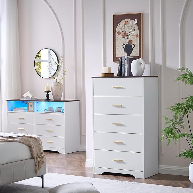 LIDYUK White Dresser for Bedroom, 5 Drawer Dressers & Chests of Drawers, Modern Wood Dresser, 47 Inches Tall Chest of Drawers for Bedroom, Hallway, Living Room