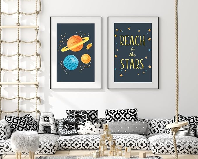 VUVUKU Space Themed Nursery Prints Outer Decor Art For Baby Boy Kids Room Playroom Wall