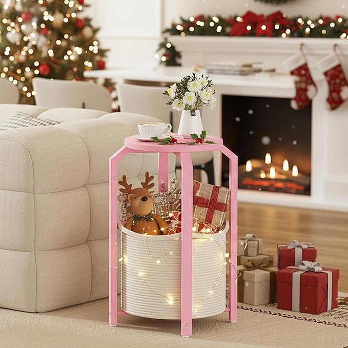 TUTOTAK Small Side Table, Round End Table, Night Stand, Bedside Table, Sofa Table with Storage Basket, Living Room, Bed Room, Pink TB01BP092