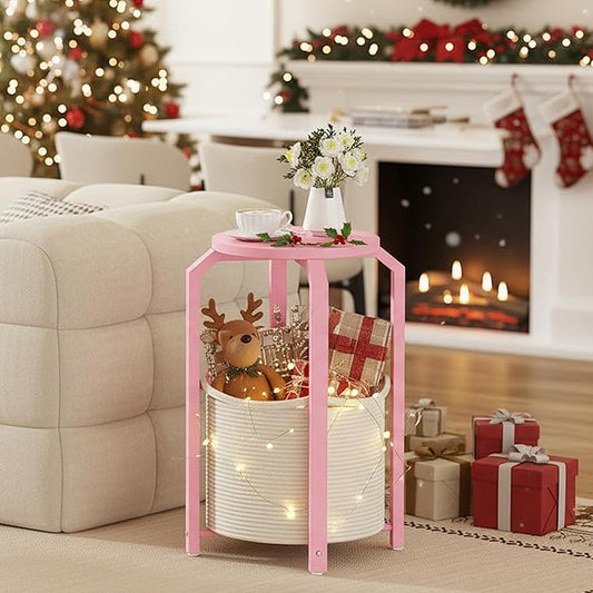 TUTOTAK Small Side Table, Round End Table, Night Stand, Bedside Table, Sofa Table with Storage Basket, Living Room, Bed Room, Pink TB01BP092