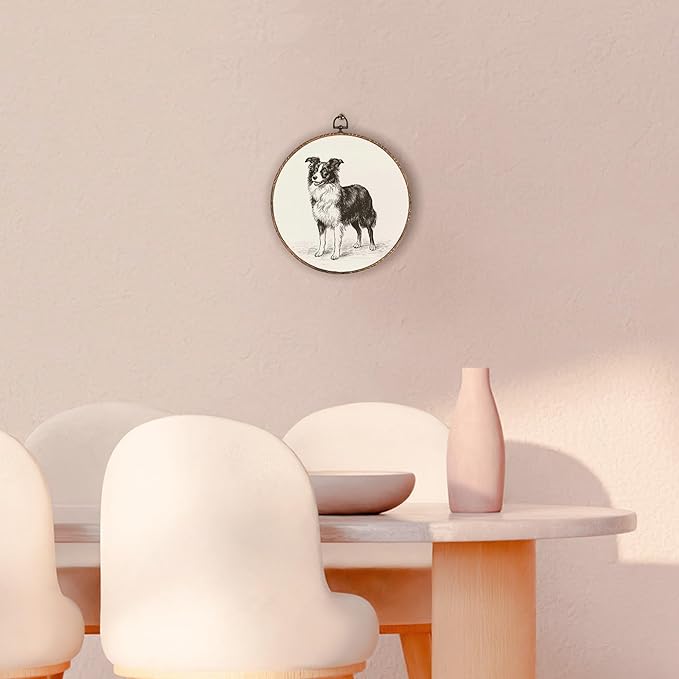 Vintage Border Collie Round Wall Art Framed, Retro Weiner Dog Round Wall Decor, Border Collie Weiner Dog Gifts Hanging Canvas Print Wall Sculpture for Bedroom Living Room Decor, 10x10 Inch