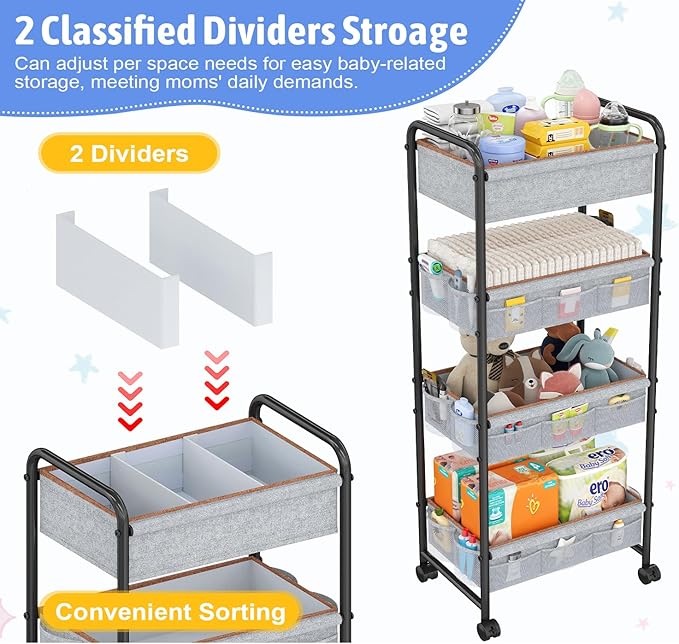 4-Tier Rolling Storage Cart,Baby Diaper Caddy Cart Organizer, Nursery Baby Dresser Organizer with Wheels,with 2 Dividers & 21 Mesh Pockets，Metal Utility Cart for Nursery,Bedroom,Bathroom