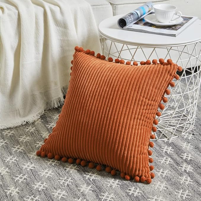 Fancy Homi Pack of 2 Rust Fall Decorative Throw Pillow Covers 18x18 Inch with Pom-poms for Living Room Couch Bedroom, Soft Corduroy Terracotta Solid Square Cushion Case 45x45 cm, Boho Home Decor