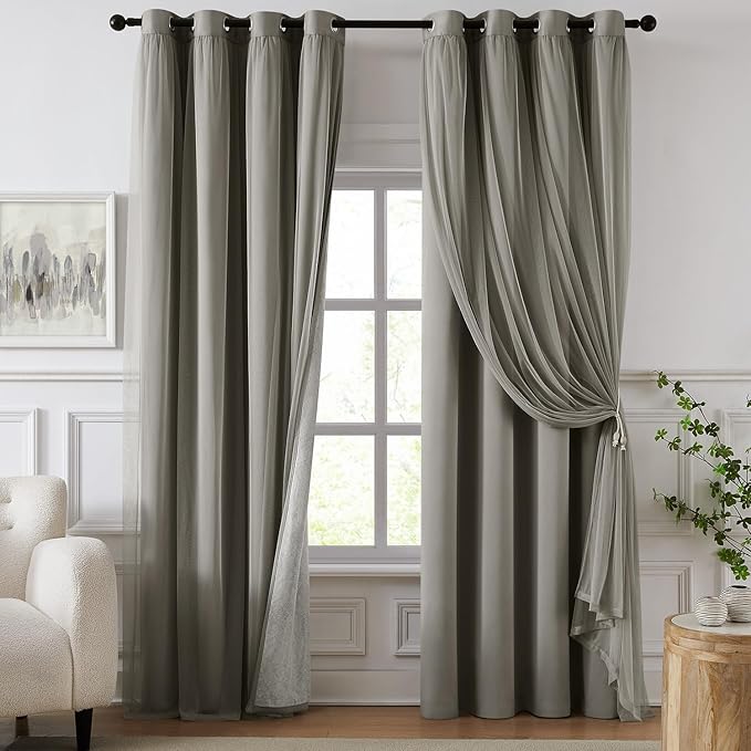 100% Blackout Curtains for Bedroom, Double Layer Grey Curtains, Black Out Curtain 108 inch Long with Sheer Overlay for Living Room, Room Darkening Window Drapes with Grommet, 52" W x 108" L