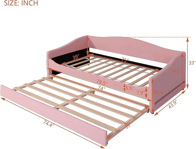 Merax Twin Size Upholstered Daybed with Light and Trundle, Pink Teddy Fleece Sofa Bed Modern Wooden Platform Bed Frame for Bedroom, Living Room, Guest Room, Apartment
