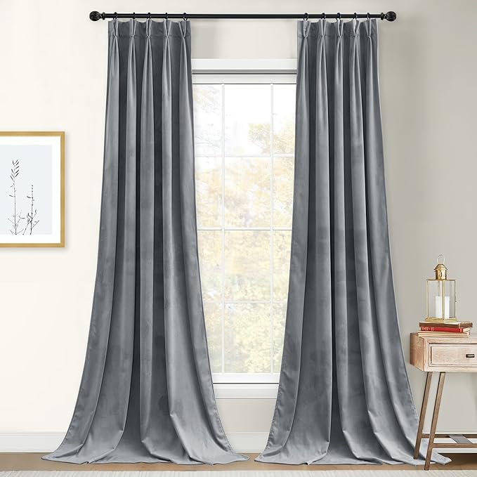 StangH Velvet Curtains Pinch Pleat 96 inches Long, Light Grey Room Darkening Privacy Window Drapes for Boys Bedroom Energy Saving Luxury Home Decor for Office, W30 x L96, 2 Panels