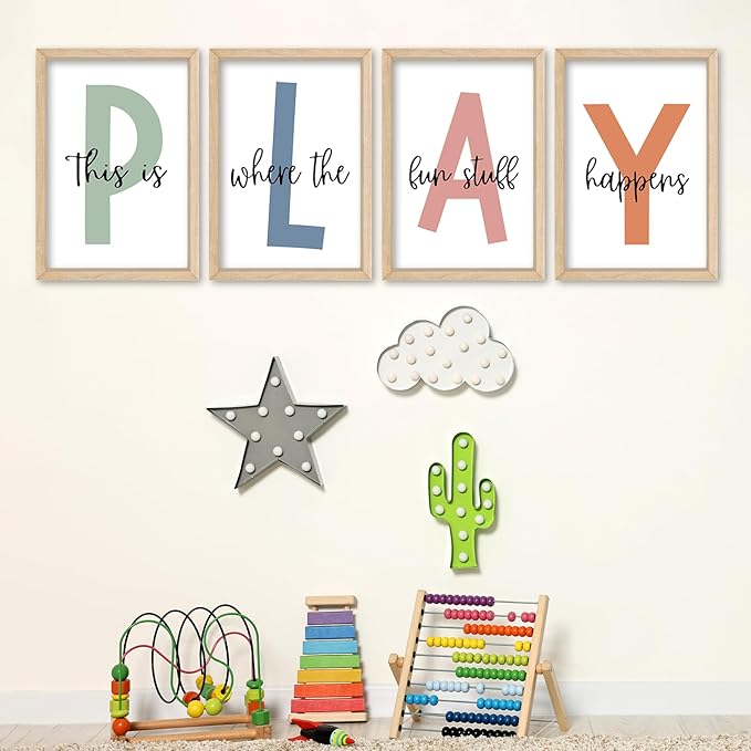YWJKWLGS This Is Where The Fun Stuff Happens Kids Playroom Wall Decor 16"x24" Set of 4 Nursery Interesting Modren Wood Framed Let's Play Prints Sign for Boy Toddler Children Wall Hanging Art (Wood)