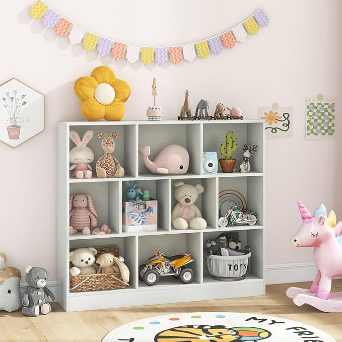 Costzon 10-Cube Bookshelf for Kids, Wooden Toy Storage Organizer w/ 2 Anti-Toppling Kits, 3 Tier Open Shelves & Non-Slip Foot Pads, Montessori Toy Shelf for Kids Rooms, Playroom, Classroom, Nursery