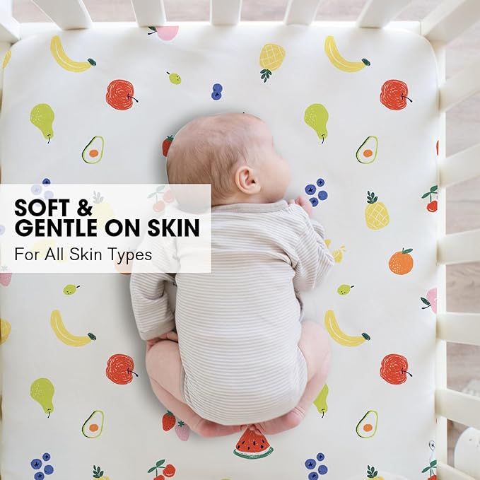 Little Grape Land Crib Sheets 2 Pack for Boys and Girls, Baby Neutral Crib Fitted Sheets for Standard Crib & Toddler Mattress, Super Soft Breathable Fitted Crib Sheet Set, Fruits
