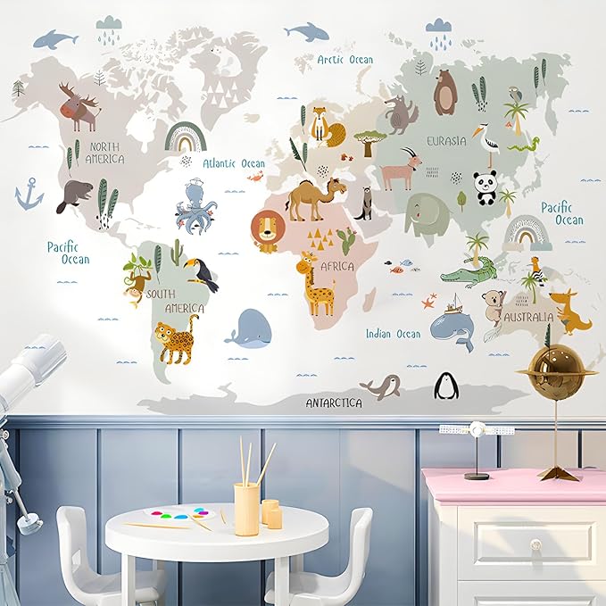 Animal World Map Wall Decals Jungle Animal Wall Stickers Forest Wild Animals Elephant Monkey Wall Art Vinyl DIY Removable Peel and Stick for Kids Boys Bedroom Nursery Classroom Home Decoration