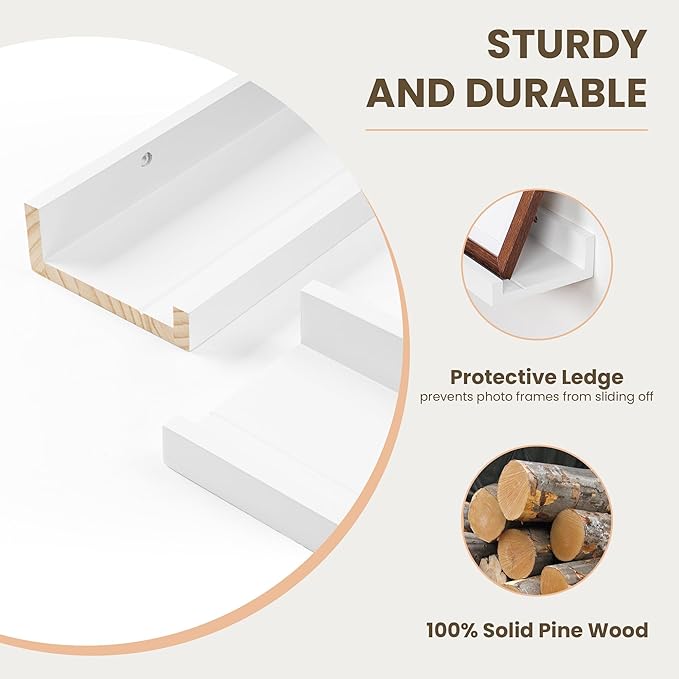 Fun Memories Picture Ledge Shelf, Pine Wood Floating Shelves Set of 2, 48 inch Nursery Book Shelves, Photo Ledge Book Shelves Wall Mounted for Living Room Kids' Room Bedroom - White
