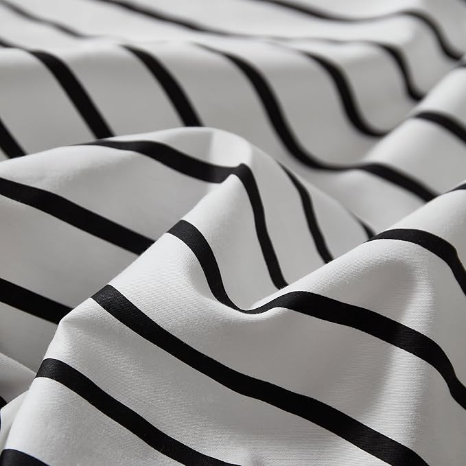 JELLYMONI 100% Natural Cotton 3pcs Striped Duvet Cover Sets, White Duvet Cover with Thick Black Stripes Pattern Printed Comforter Cover, with Zipper Closure & Corner Ties(Full Size)
