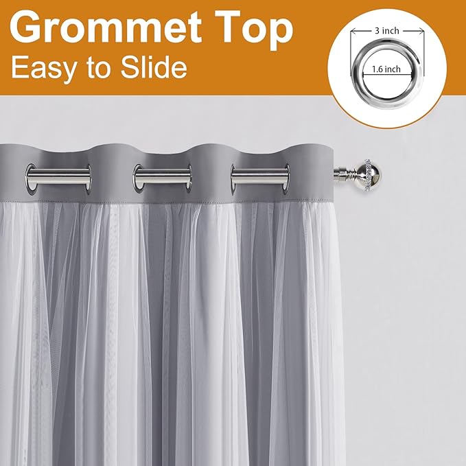 DWCN Grey Layered Curtains for Living Room Blackout and Sheer Curtains with Tiebacks Grommet Top Window Curtain Panels with Sheer Overlay for Bedroom, 52" x 84", 2 Pieces