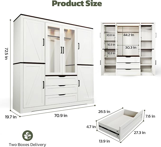 Concho 73'' Tall Farmhouse Armoire Wardrobe Closet with LED Light, Wood Wardrobe Closet Collection with 6 Doors 3 Drawers, Clothing Storage Cabinet with 8 Adjustable Shelves, Antique White