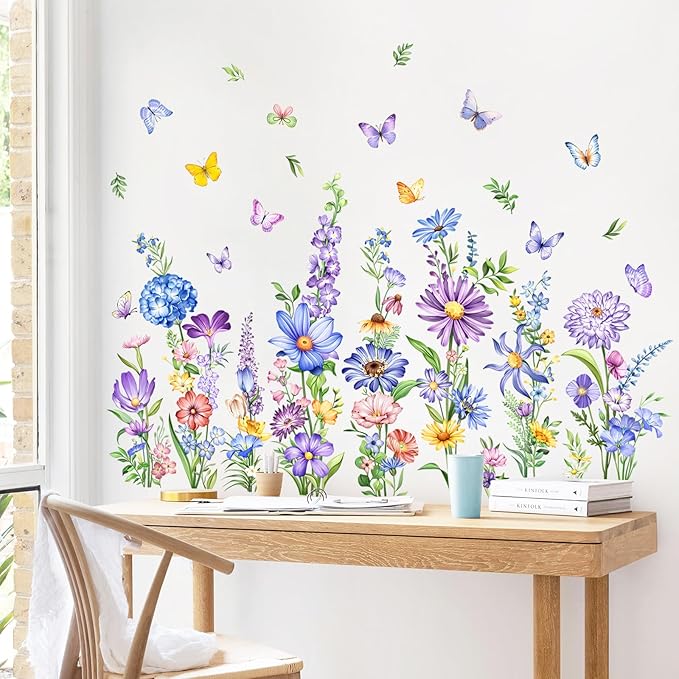 Tanlaby Wildflower Wall Decals Daisy Grass Butterflies Flower Wall Stickers Floral Botanical Wall Art Decor for Baby Nursery Girl Bedroom Living Room Sofa