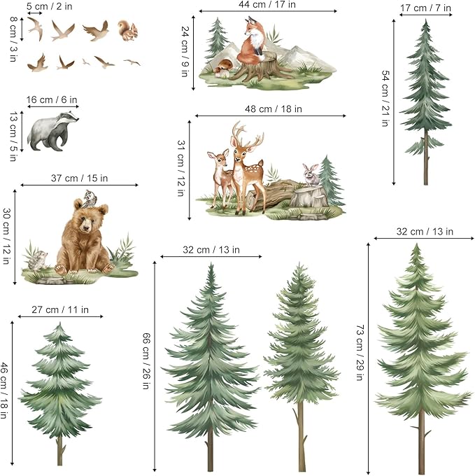 wondever Mountain Tree Wall Stickers Large Pine Tree Forest Animals Bear Deer Peel and Stick Wall Art Decals for Kids Bedroom Baby Nursery