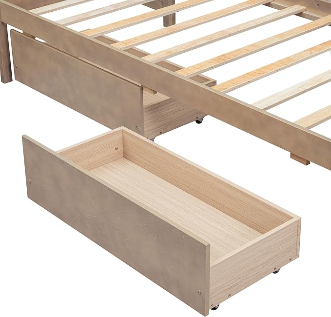 Twin Size L-Shaped Platform Bed for 2, Wood Kids Platform Bed Frame with 3 Storage Drawers and Guardrail for Boys Girls, Sturdy Slats Support (Natural-2.28)