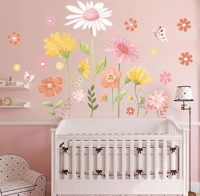 Boho Flower Wall Stickers - Daisy Wildflower Wall Decals with Butterfly Floral Design for Girls Bedroom, Baby Nursery, Kids Room