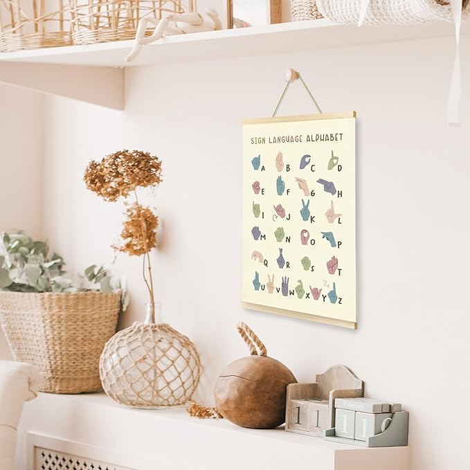 CGBHW Sign Language Alphabet Poster Hanger Frame, Baby Educational Posters Wall Art Hanging Decor for Toddler Boy Kids Room Classroom Playroom Nursery，Rainbow Boho Classroom Decor, 12x16Inch