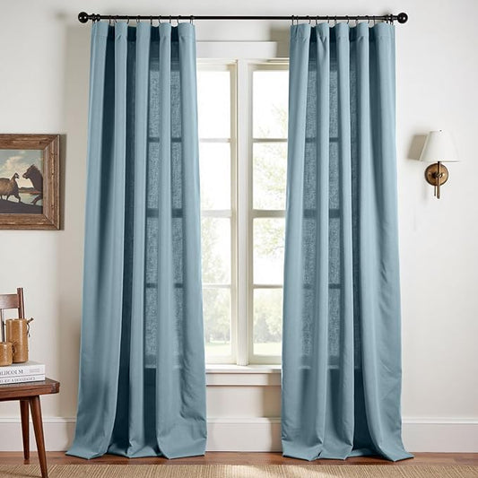 jinchan Blue Linen Blend Curtains 96 inch Length 2 Panels for Bedroom Living Room, Floor to Ceiling 50 inch Wide Farmhouse Drapes with Rod Pocket Back Tab(50W x 96L, Blue)