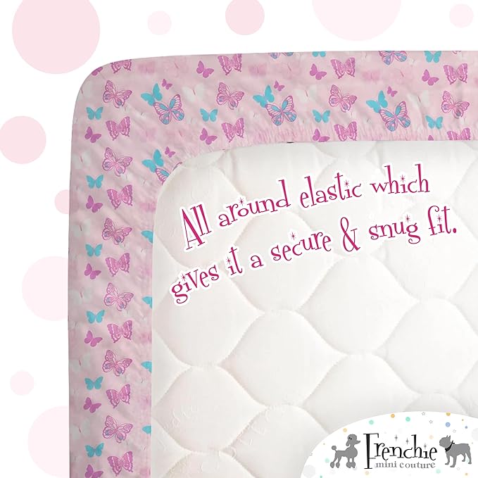 Frenchie Mini Couture, Fitted Pack n Play Sheets, 2 Pack, 100% Woven Cotton, Pack and Play Mattress Sheets, Fits Most Mini Crib & Playard, 27 x 39 x 4in, Butterfly