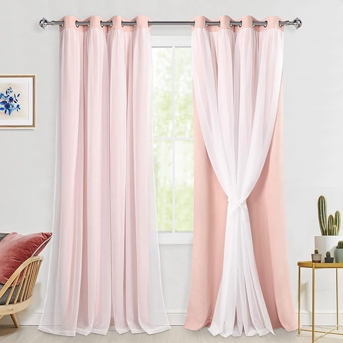 Hiasan Blackout Curtains with Sheer Overlay, Thermal Insulated Mix & Match Double Layer Room Darkening Window Curtains for Bedroom,Living Room,Nursery 2 Panels with Tiebacks(52W X 108L,Blush Pink)