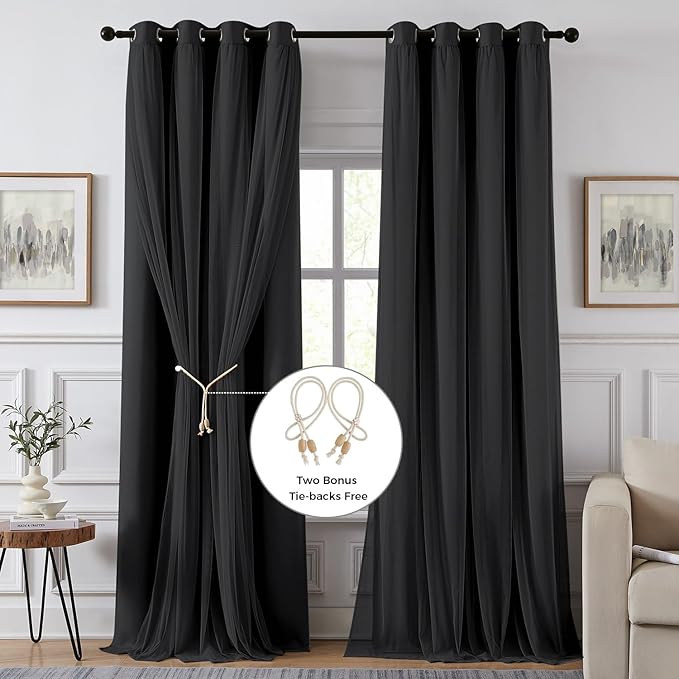 100% Blackout Curtains for Bedroom, Double Layer Black Curtains, Black Out Curtain 96 inch Long with Sheer Overlay for Living Room, Room Darkening Window Drapes with Grommet, 52" W x 96" L