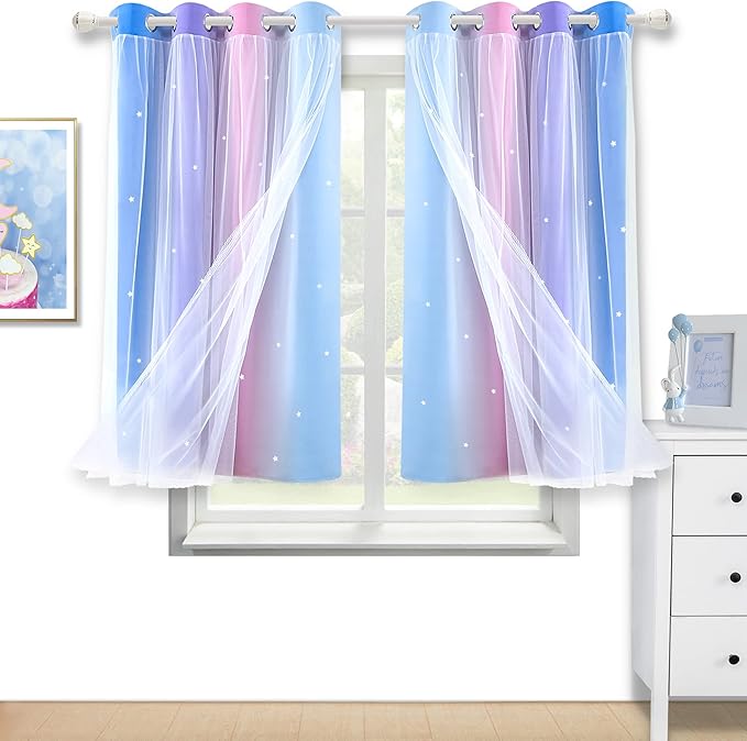 Kinryb Christmas Colorful Star Hollowed Out Curtains Stars Blackout Curtains for Kids Boys Bedroom Living Room Double Layer 2 Panel Rainbow Blue 52W x 45L
