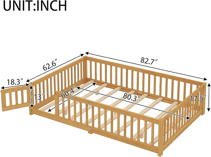 Bellemave Queen Size Floor Bed for Kids, Girls, Boys, Wood Floor Bed with slats and Door, Natural