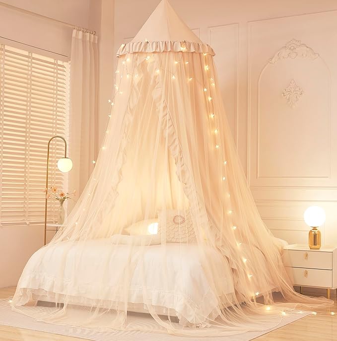 Mengersi Bed Canopy for Girls Kids,Double Canopy Bed Curtains Round Dome Mosquito Net Castle Play Tent Castle for Girls Room Decor (Ivory/Double)