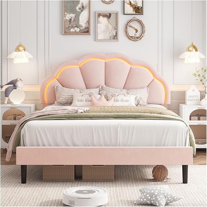 HIFIT Queen Upholstered Smart LED Bed Frame with Adjustable Chic Petal Headboard, Soft Princess Queen Size Platform Bed Frame for Girls, Wooden Slats Support, No Box Spring Needed, Easy Assembly, Pink