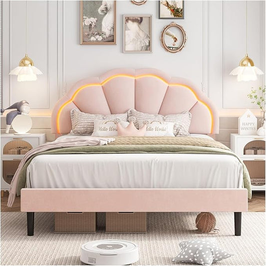 HIFIT Queen Upholstered Smart LED Bed Frame with Adjustable Chic Petal Headboard, Soft Princess Queen Size Platform Bed Frame for Girls, Wooden Slats Support, No Box Spring Needed, Easy Assembly, Pink