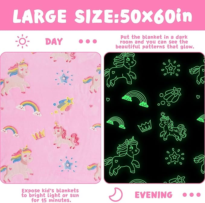 inhand Pink Unicorn Gift for Girl Glow in The Dark Blanket Unicorn Toys Kids Throw Blanket for Couch Soft Fleece Blanket Gift for 4-12 Girls Fuzzy Room Decor Birthday Gifts, 50"X60", Pink