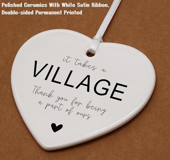 Ceramic Heart Shaped Christmas Ornament-It Takes a Village Appreciation Gift-Thank You for Being a Part of Ours-Present for Coworker Babysitter Neighbor Teacher-Child Care Worker Keepsake Décor