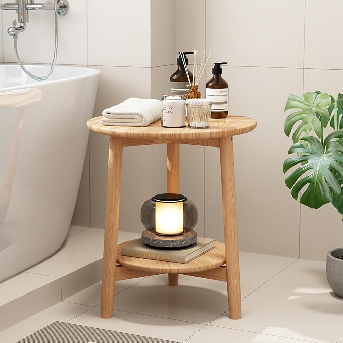Round End Table,Solid Wood Small Round Table with Lower Shelf,Round Side Table，Nightstand for Small Spaces,Living Room,Bedroom(Natural)