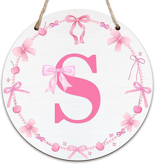 Monogram Round Sign For Front Door, Cherry Bow Theme Sign For Porch Art Wall Door, Initial Signs Hanging Ornament For Indoor Outdoor, Decorations Gifts For Four Seasons Rustic Home Kitchen, S, A19