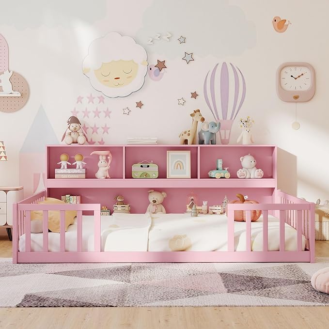 Giantex Full Size Floor Bed for Kids, Wooden Montessori Bed Frame with Bookcase, Storage Shelves & Safety Fence Rails, Floor Beds Full for Girls, Boys, No Box Spring Needed, Without Slats, Pink